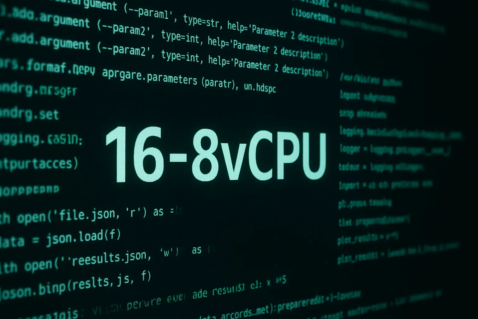 Màn hình hiển thị mã lệnh với dòng chữ 16-8vCPU trên nền terminal xanh đen