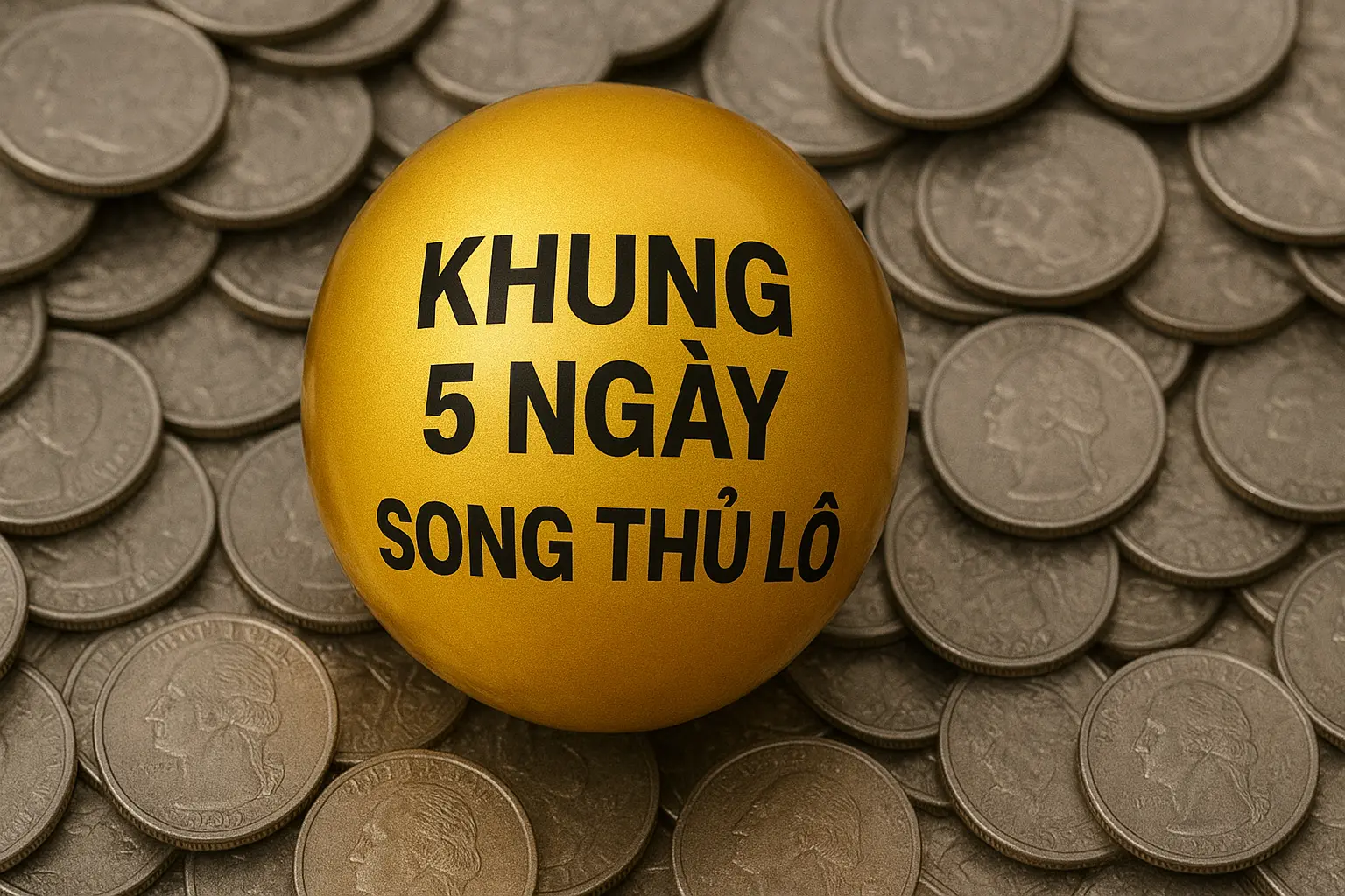 Quả cầu xổ số màu vàng có dòng chữ “KHUNG 5 NGÀY SONG THỦ LÔ”, được bao quanh bởi nhiều đồng xu bạc sáng bóng, biểu tượng cho vận may và sự thịnh vượng.